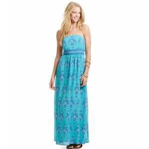 Vineyard Vines Strapless Maxi Dress Blue Silk Cotton Tropical Beach Wedding 12